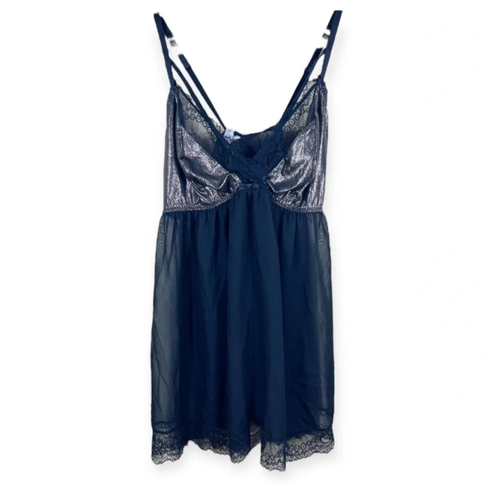 Cacique Foil Lace Strappy No Wire Babydoll Panty 2 Piece Set Black 22/24